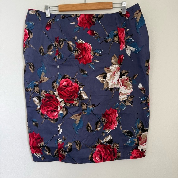 Modcloth Floral Pencil Skirt Blue Red Plus Business Casual Women’s Size 1X - Picture 2 of 8